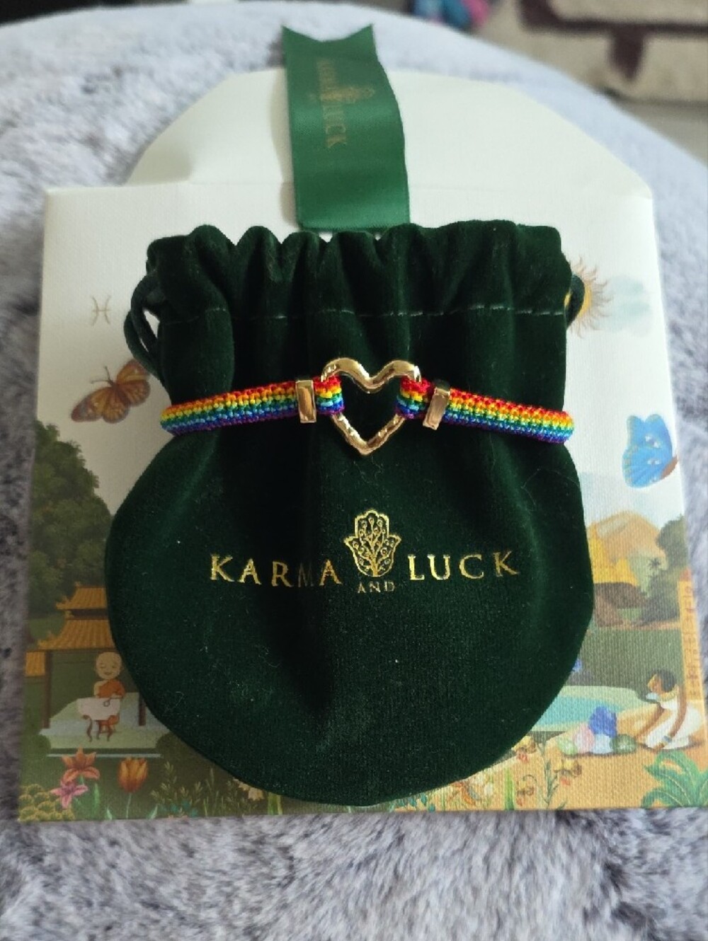 Karma and Luck Rainbow Heart Macramé Bracelet with Gold Heart Charm